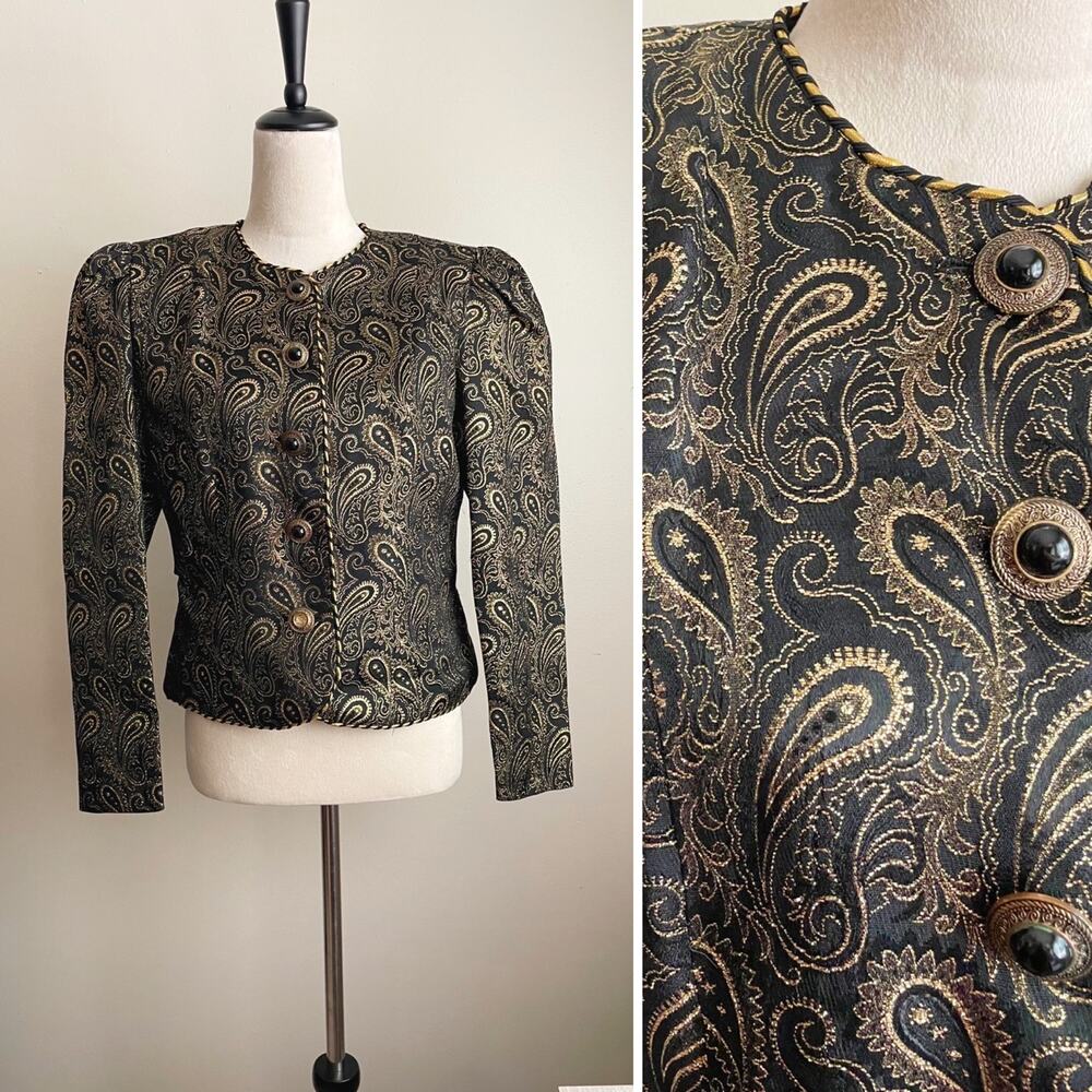 Vintage 80s Metallic Gold Paisley Brocade Evening Formal Blazer small medium